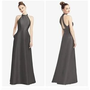 Alfred Sung D772 satin twill halter neck dress in caviar gray Size 4 bridesmaid